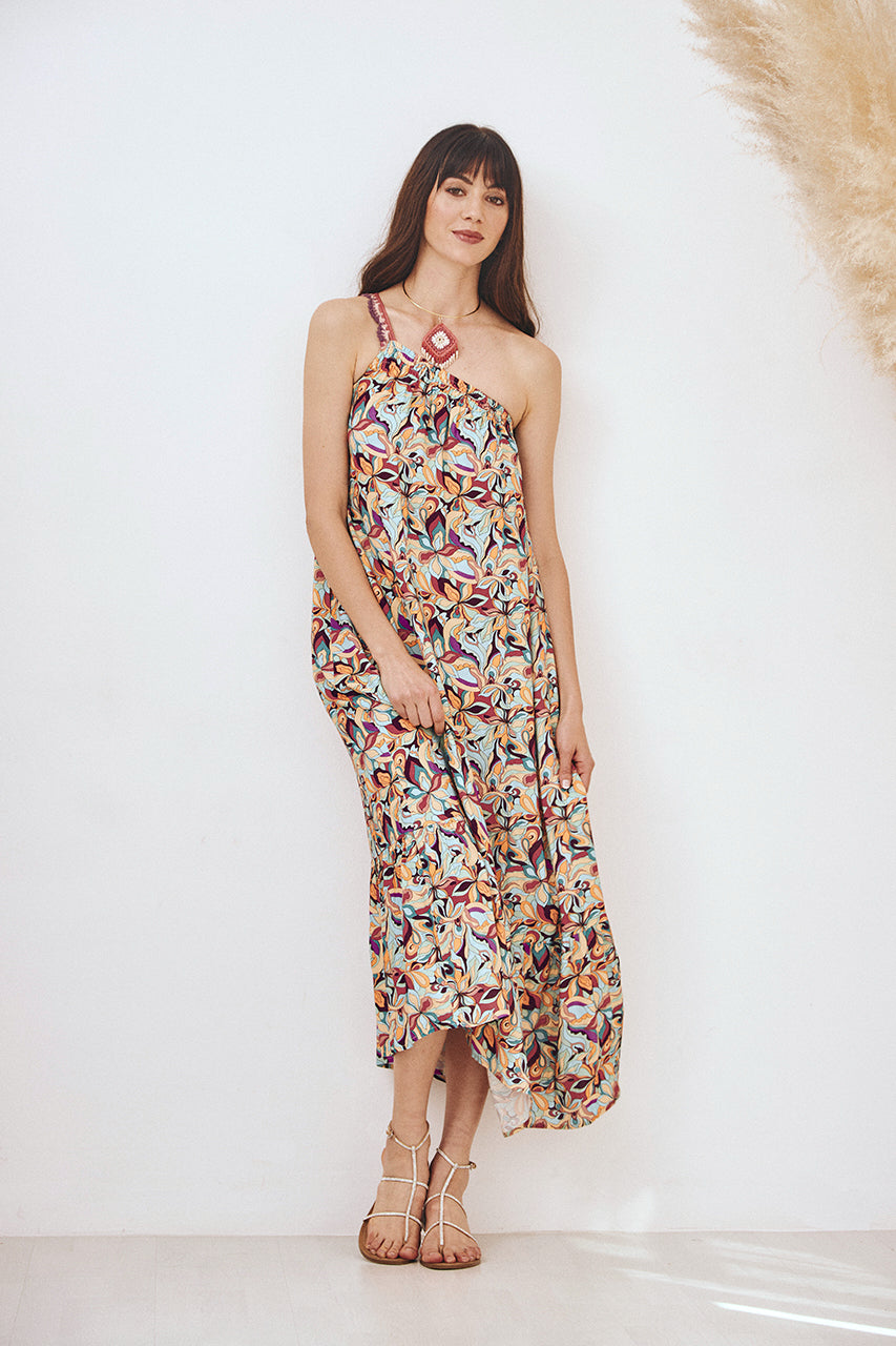 VESTIDO DE VISCOSE MIDI ASIMÉTRICO CON FORNITURA - CORAL