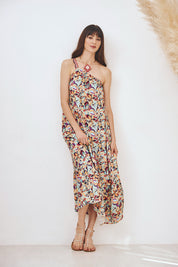 VESTIDO DE VISCOSE MIDI ASIMÉTRICO CON FORNITURA - CORAL