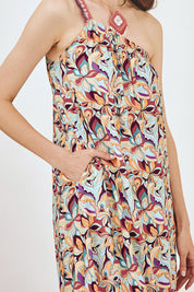 VESTIDO DE VISCOSE MIDI ASIMÉTRICO CON FORNITURA - CORAL