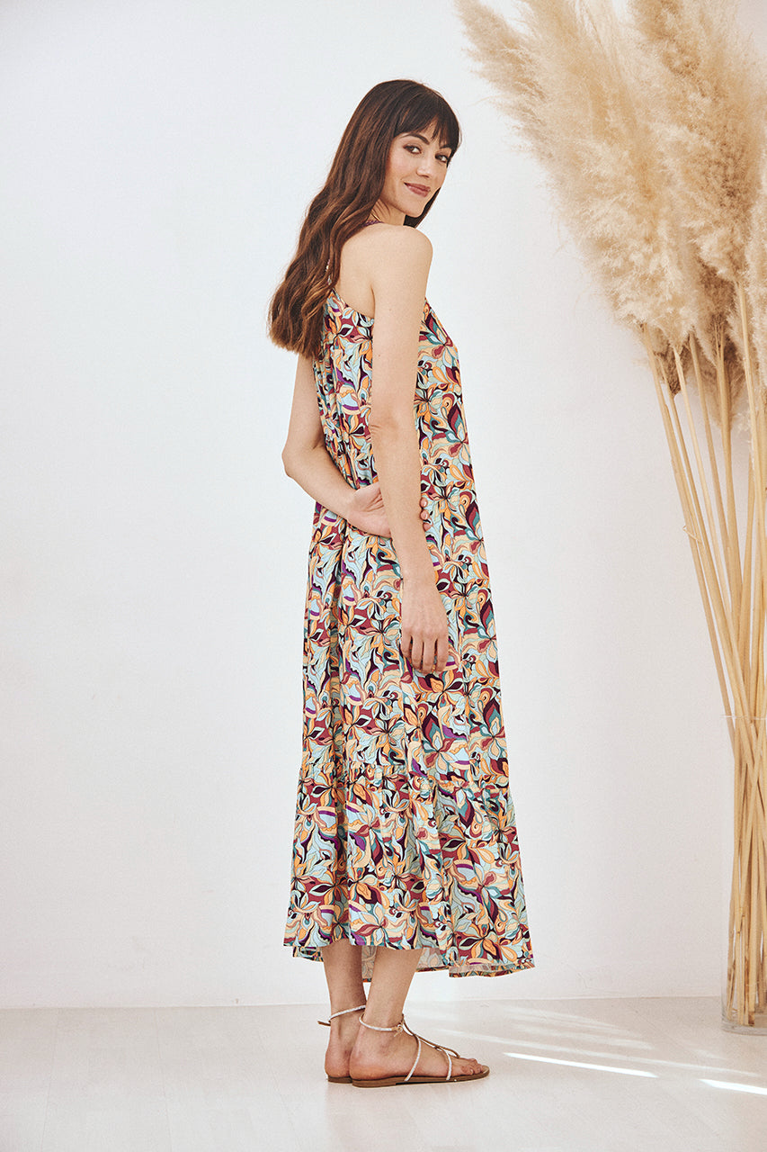 VESTIDO DE VISCOSE MIDI ASIMÉTRICO CON FORNITURA - CORAL