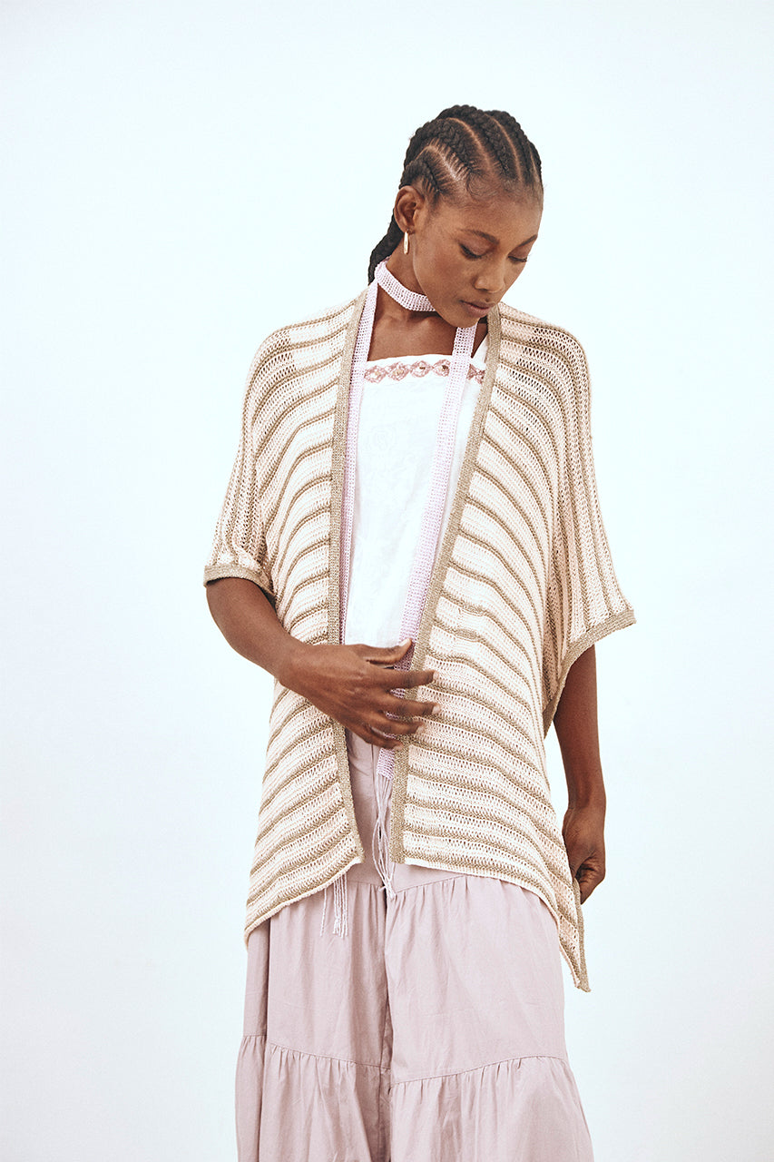LUREX KNITTED LONG KIMONO - ECRU