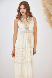 VESTIDO LARGO CON BORDADO Y BLONDAS - CRUDO