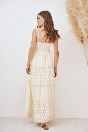 VESTIDO LARGO CON BORDADO Y BLONDAS - CRUDO