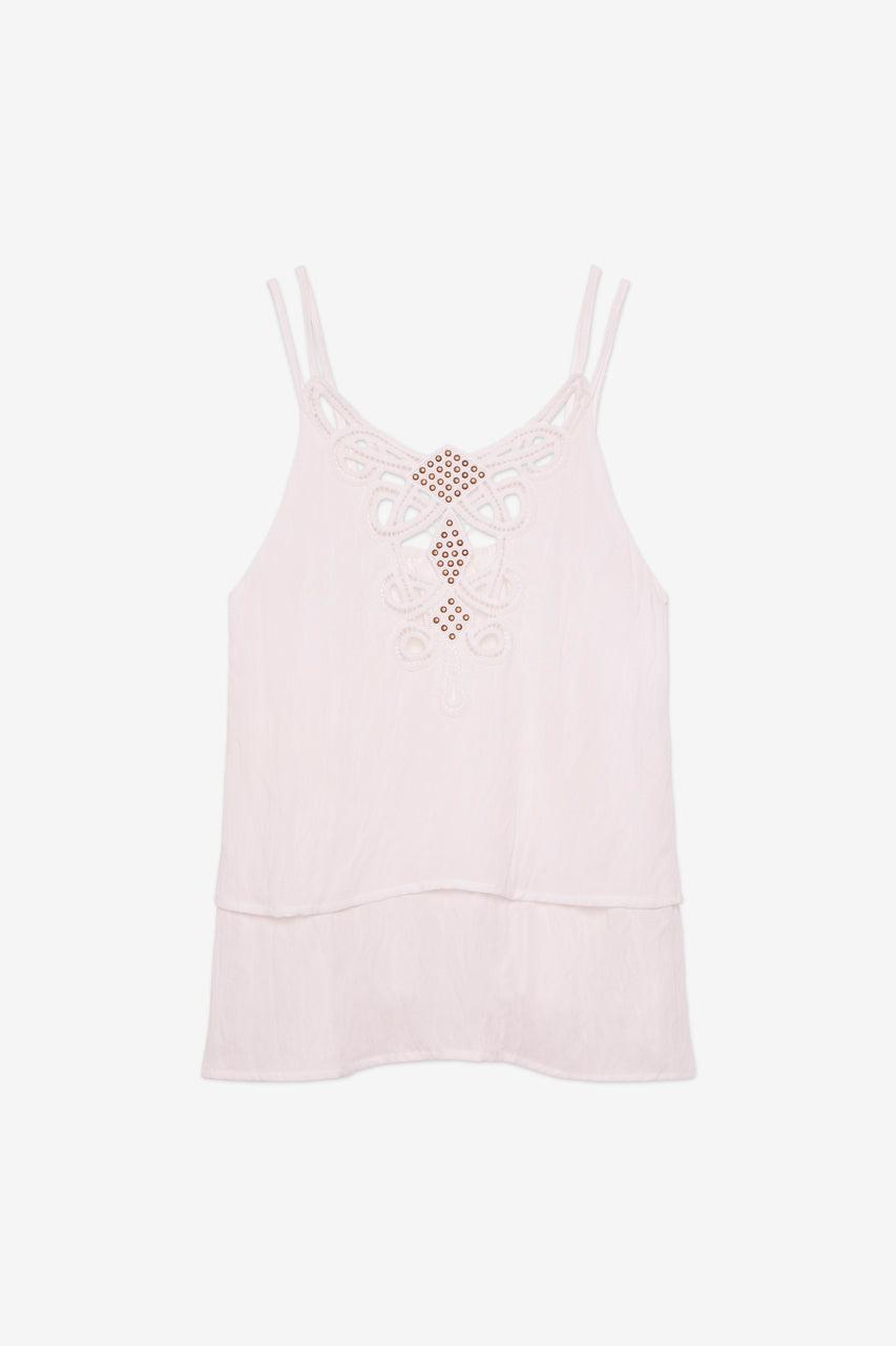 EMBROIDERED AND RUFFLED LACE TOP - WHITE