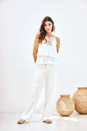 EMBROIDERED AND RUFFLED LACE TOP - WHITE