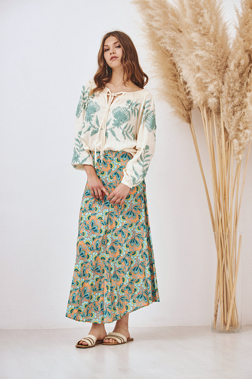 FALDA DE VISCOSE FLUIDO ESTAMPADO - VERDE