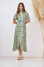 VESTIDO MIDI MANGA CORTA CON VOLANTES - VERDE