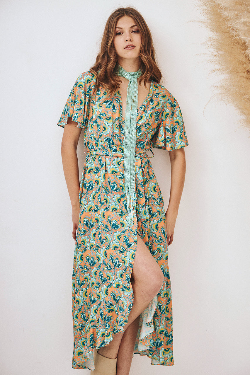 VESTIDO MIDI MANGA CORTA CON VOLANTES - VERDE