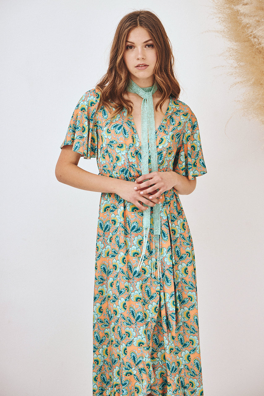 VESTIDO MIDI MANGA CORTA CON VOLANTES - VERDE