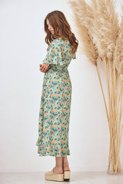 VESTIDO MIDI MANGA CORTA CON VOLANTES - VERDE