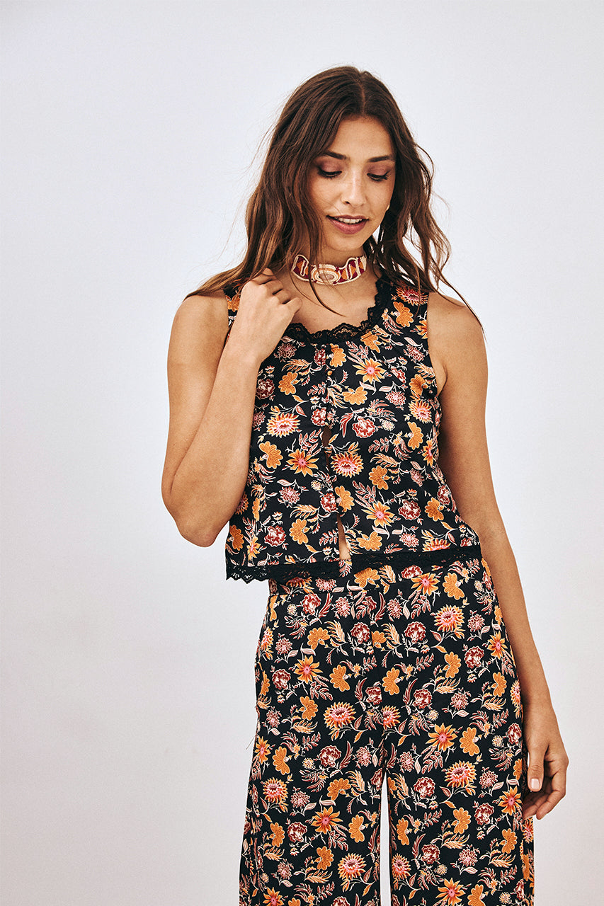 PRINTED LACE TOP - BLACK
