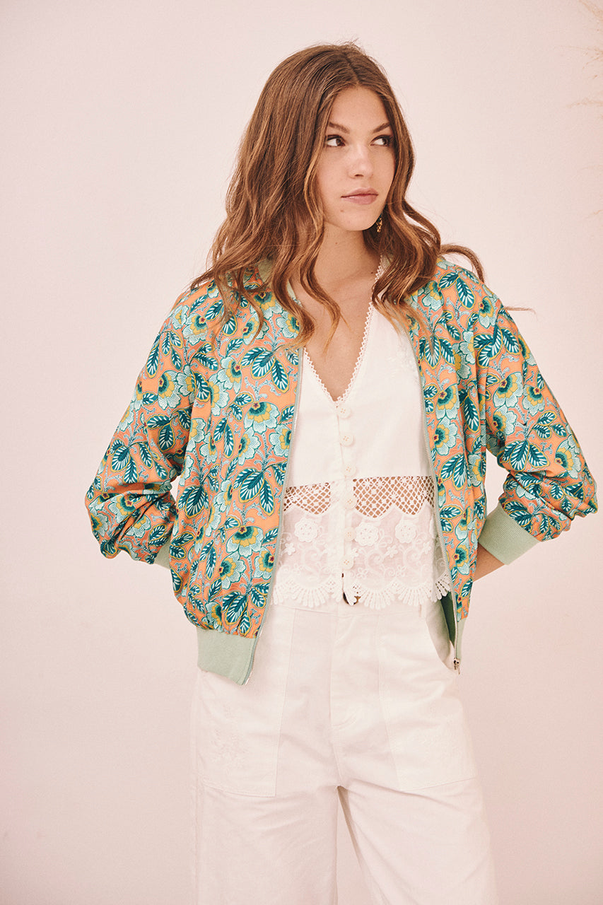 CHAQUETA BÓMBER ESTAMPADO RETRO - VERDE