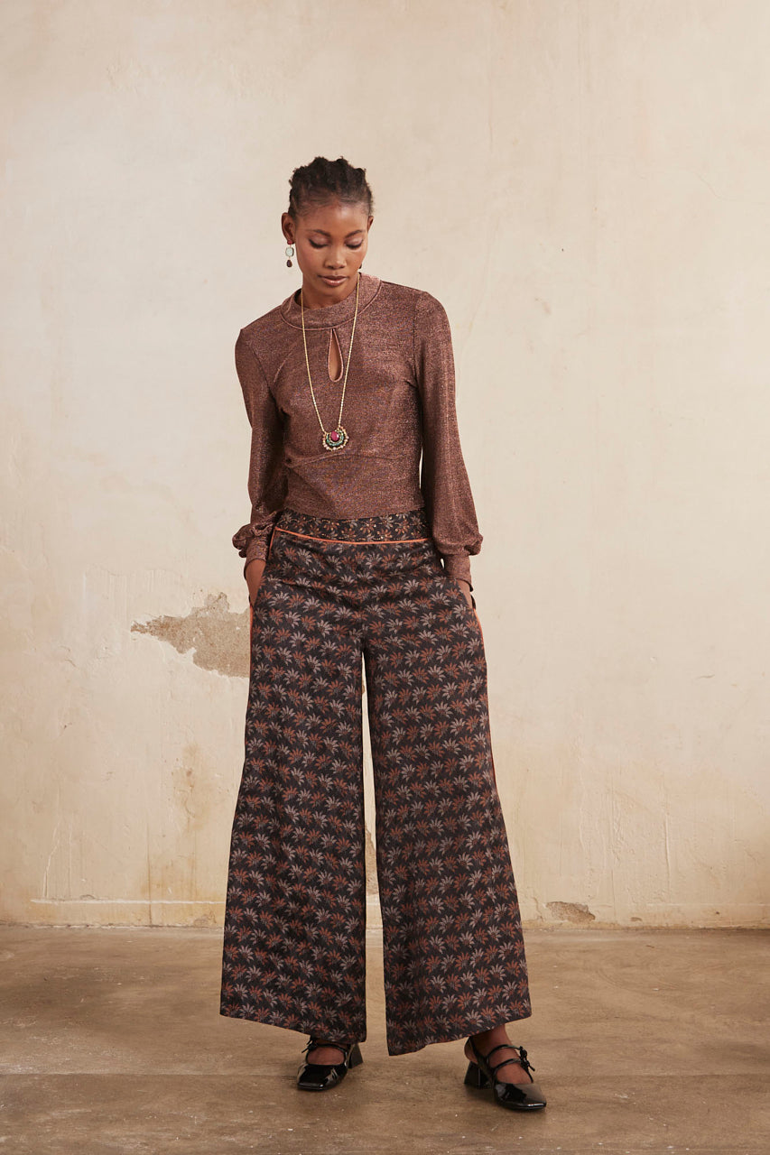 Long-sleeved blouse with teardrop neckline and lurex fabric - bronze