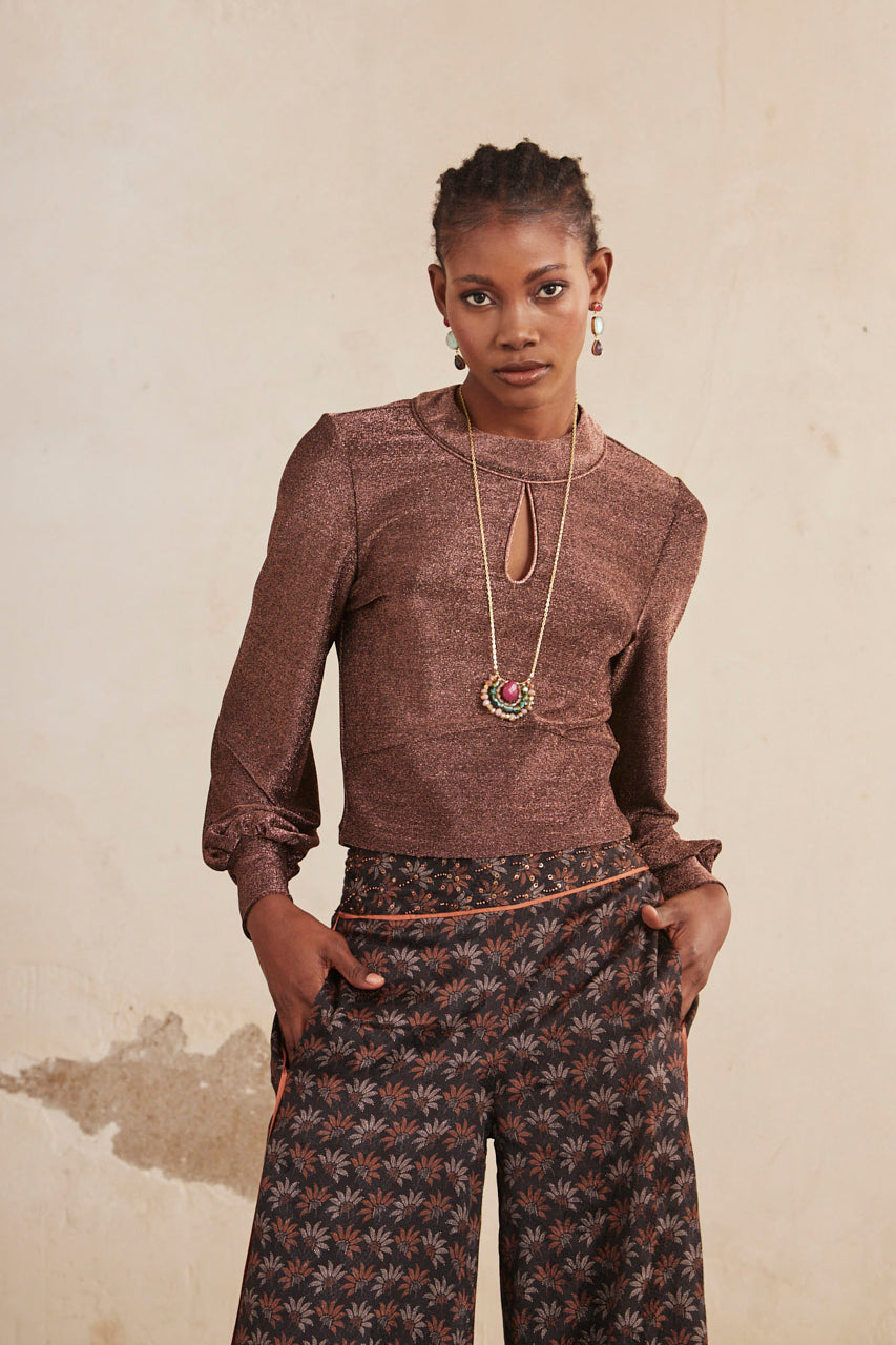 Long-sleeved blouse with teardrop neckline and lurex fabric - bronze