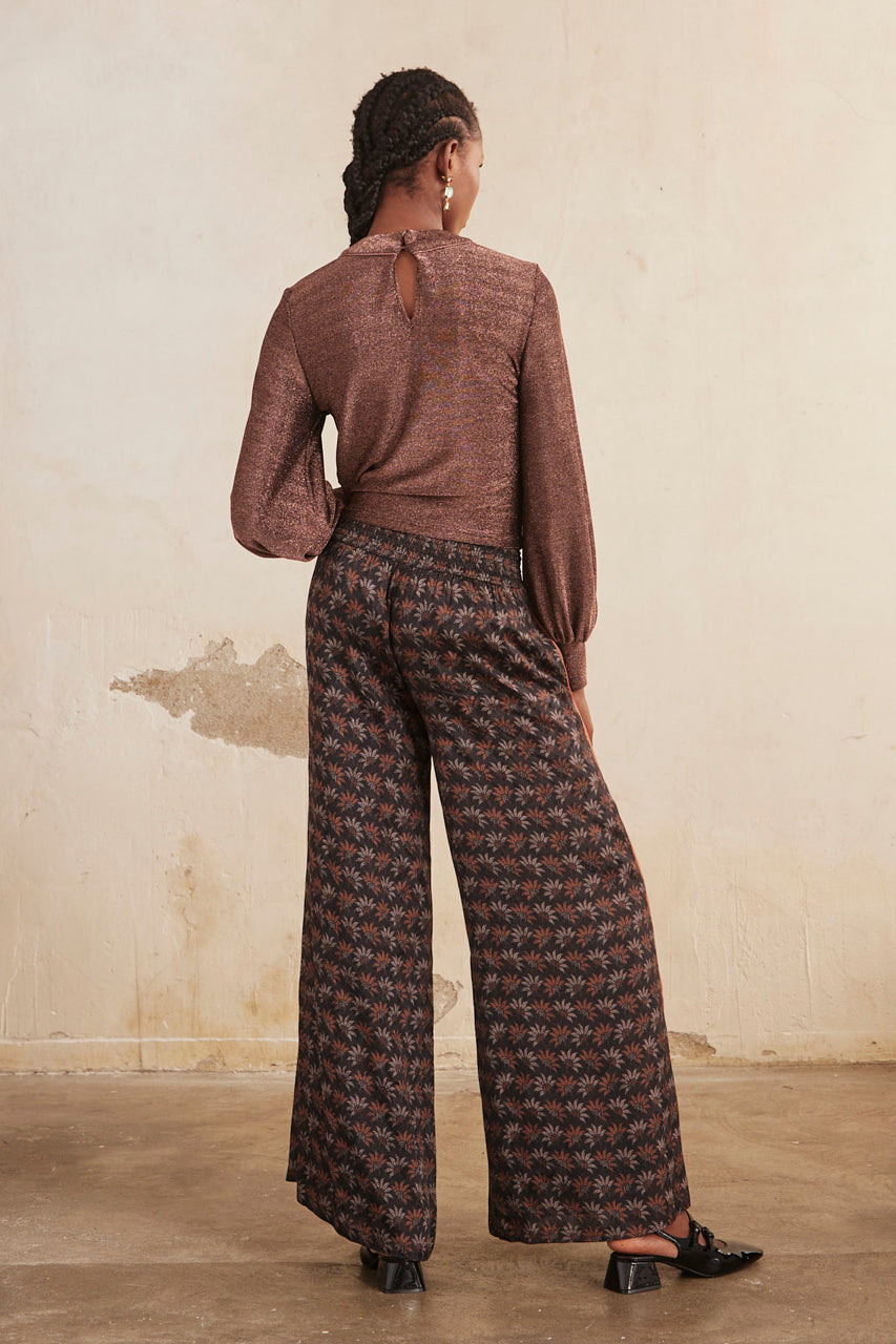 Long-sleeved blouse with teardrop neckline and lurex fabric - bronze