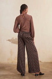 Long-sleeved blouse with teardrop neckline and lurex fabric - bronze