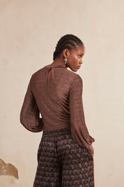 Long-sleeved blouse with teardrop neckline and lurex fabric - bronze
