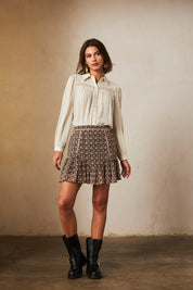 Flowing long-sleeved blouse with embroidered yoke - ivory