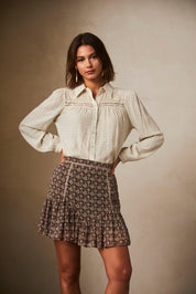 Flowing long-sleeved blouse with embroidered yoke - ivory