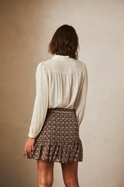 Flowing long-sleeved blouse with embroidered yoke - ivory