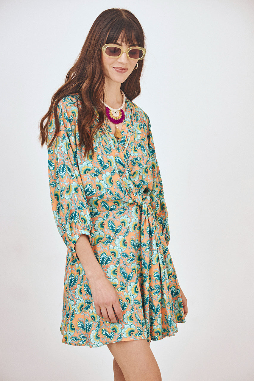 VESTIDO CORTO FLUIDO FLORES RETRO  - VERDE