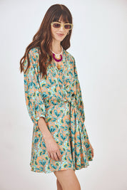 VESTIDO CORTO FLUIDO FLORES RETRO  - VERDE