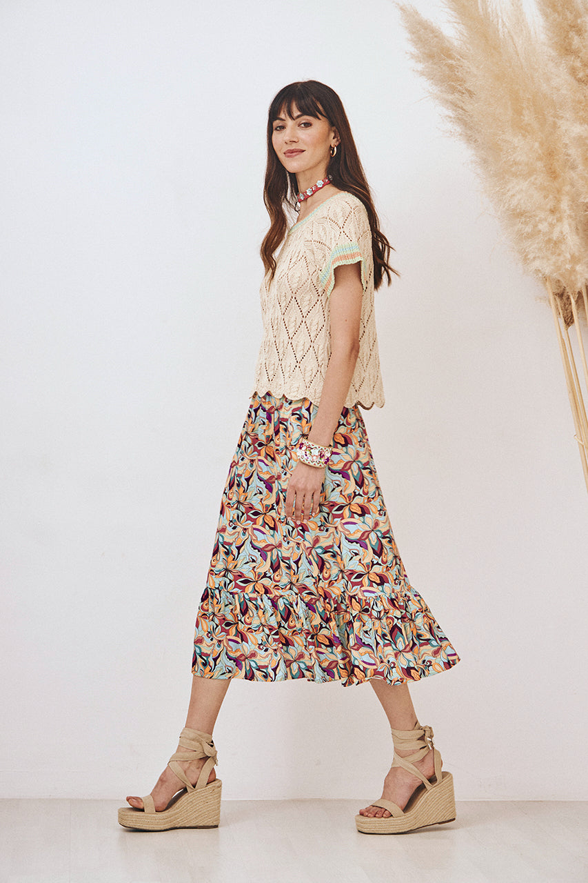 FALDA DE VISCOSA MIDI FLUIDA CON ESTAMPADO - CORAL