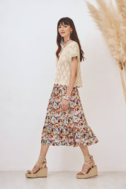 FALDA DE VISCOSA MIDI FLUIDA CON ESTAMPADO - CORAL