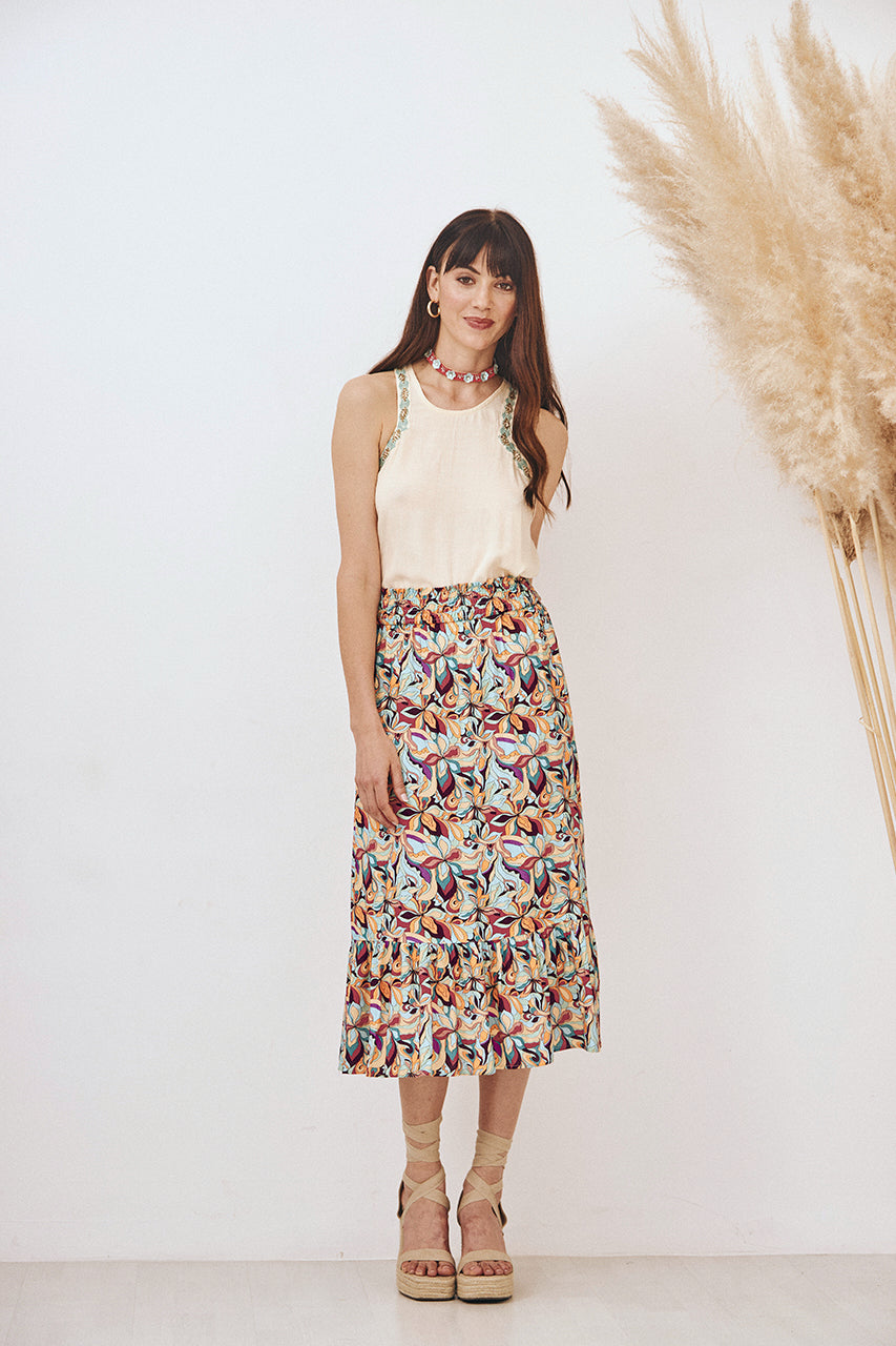 FALDA DE VISCOSA MIDI FLUIDA CON ESTAMPADO - CORAL