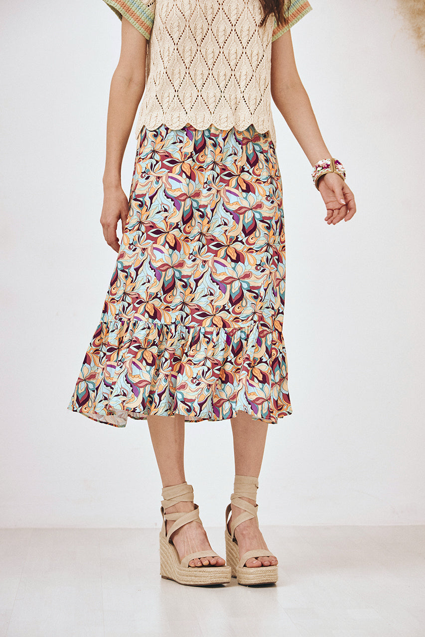 FALDA DE VISCOSA MIDI FLUIDA CON ESTAMPADO - CORAL