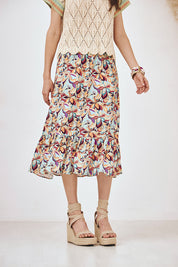 FALDA DE VISCOSA MIDI FLUIDA CON ESTAMPADO - CORAL