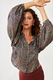 BLUSA MANGAS ABULLONADAS PLANTAS - GREY