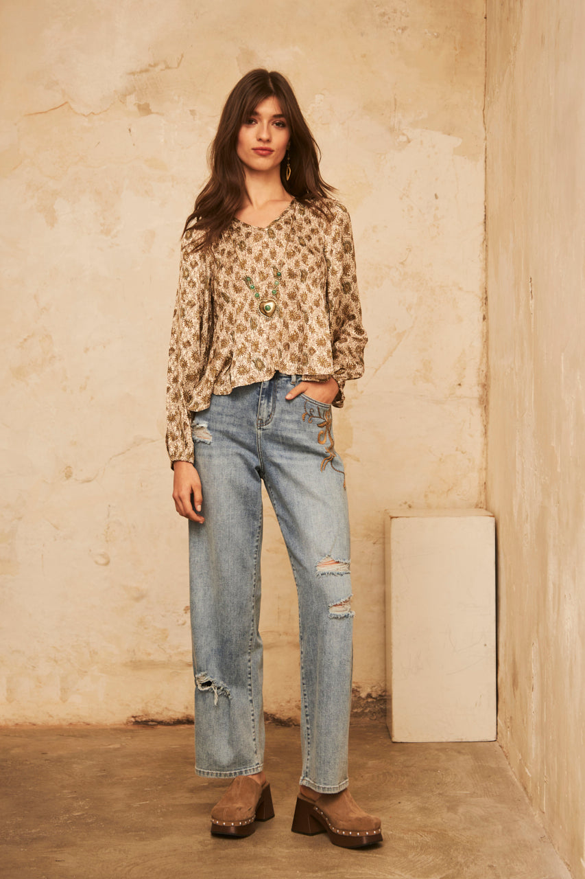 PANTALÓN DENIM CON BORDADO - DENIM