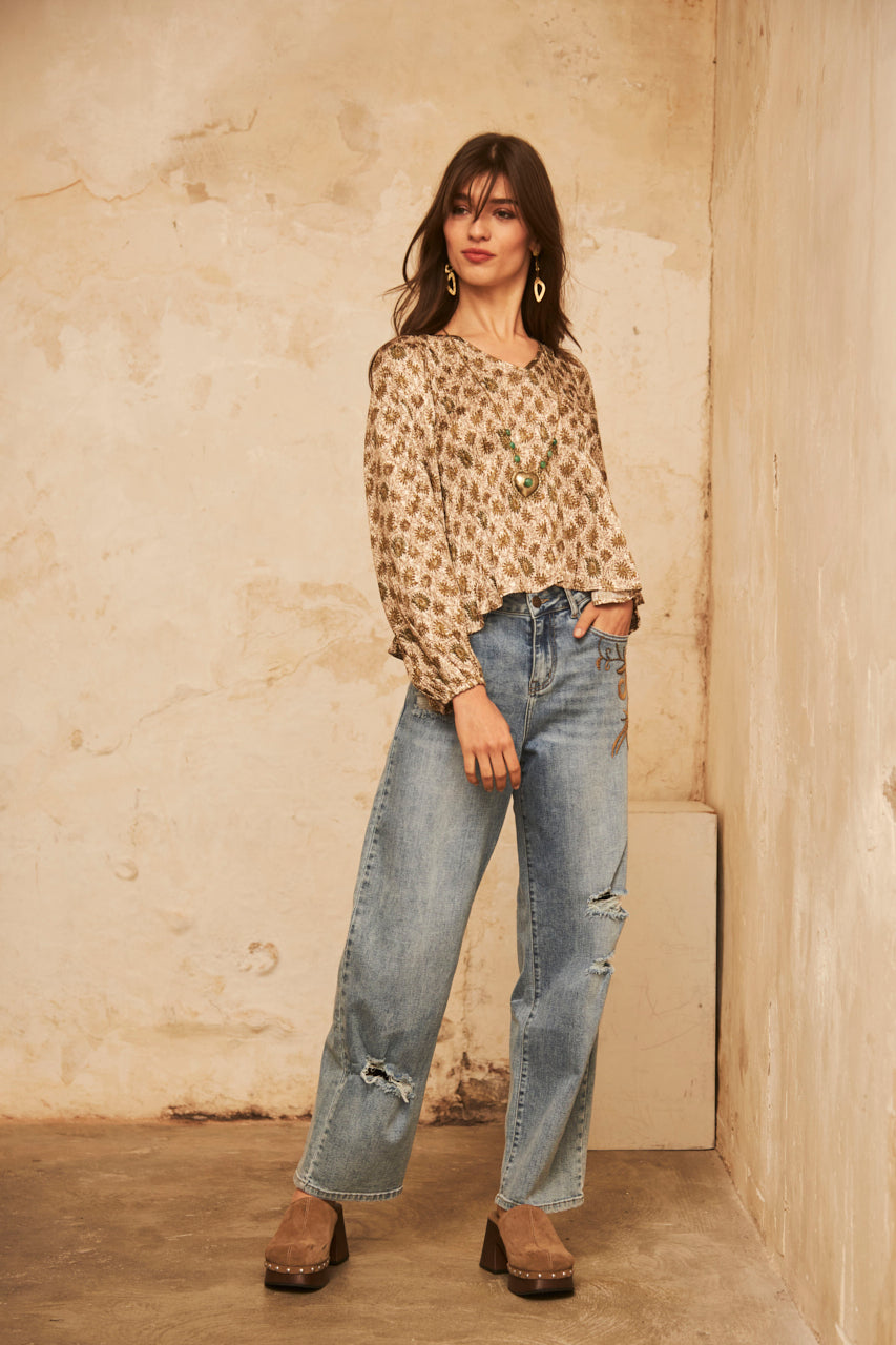 PANTALÓN DENIM CON BORDADO - DENIM