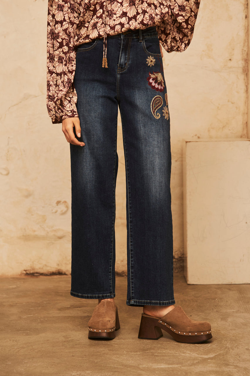 DENIM PANTS WITH EMBROIDERY - DENIM