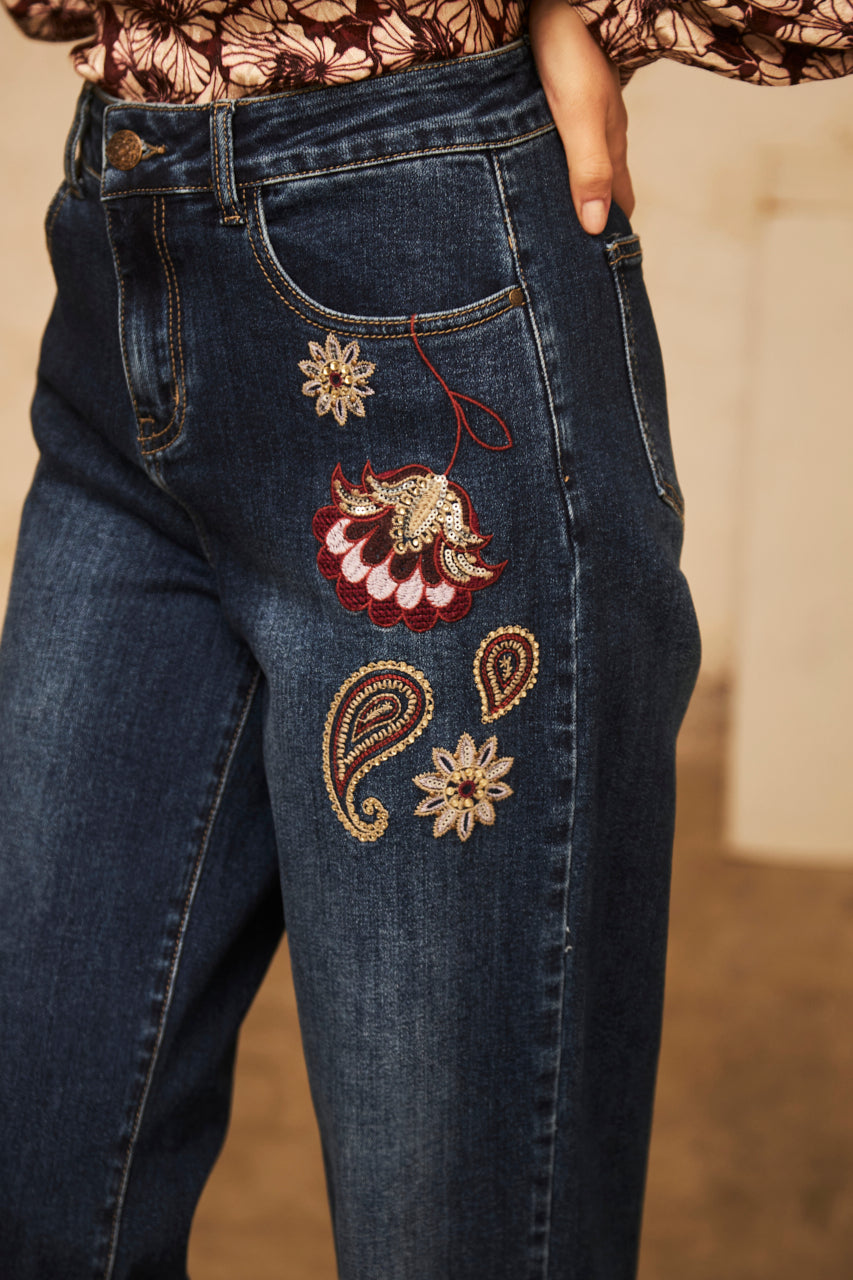 DENIM PANTS WITH EMBROIDERY - DENIM
