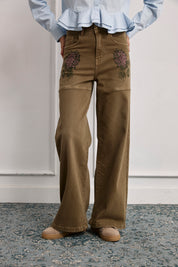 EMBROIDERED FLOWER JEANS - KHAKI - KHAKI