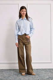 EMBROIDERED FLOWER JEANS - KHAKI - KHAKI