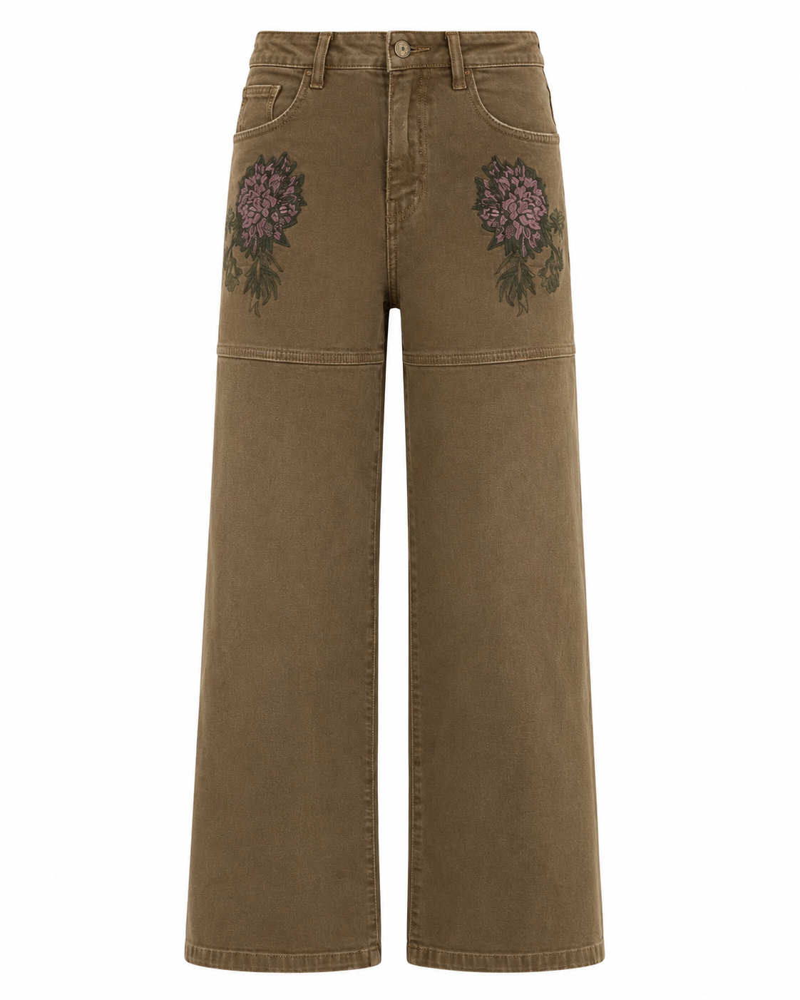 EMBROIDERED FLOWER JEANS - KHAKI - KHAKI