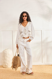 JEANS WIDE LEG BORDADO - BLANCO