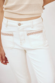EMBROIDERED POCKET DENIM PANTS - WHITE