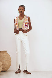 3D FLORAL DENIM TROUSERS - WHITE