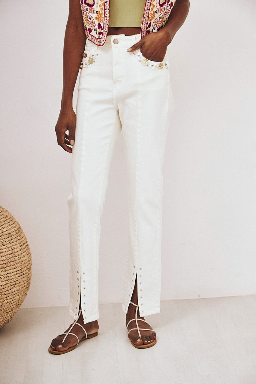 3D FLORAL DENIM TROUSERS - WHITE