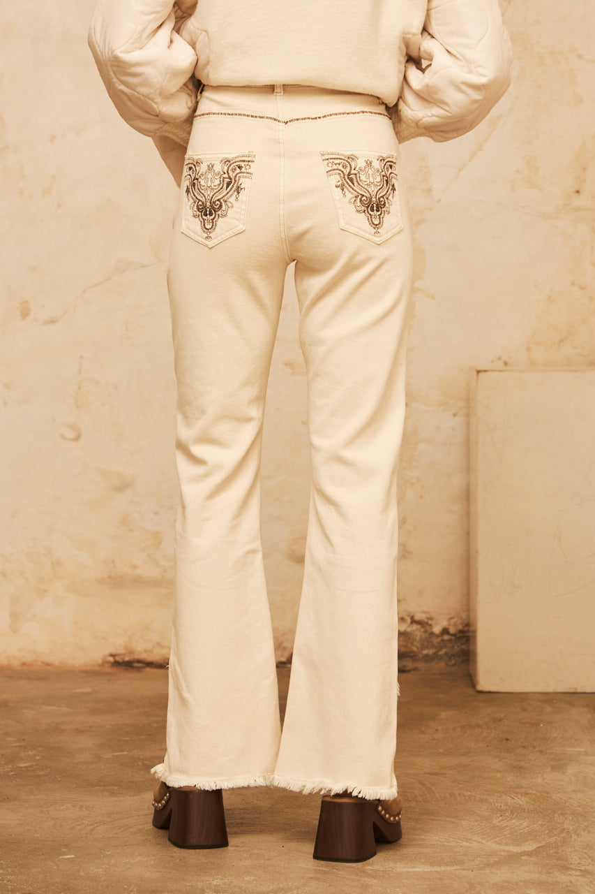 Flare denim trousers with frayed hem - ECRU