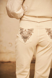 Flare denim trousers with frayed hem - ECRU