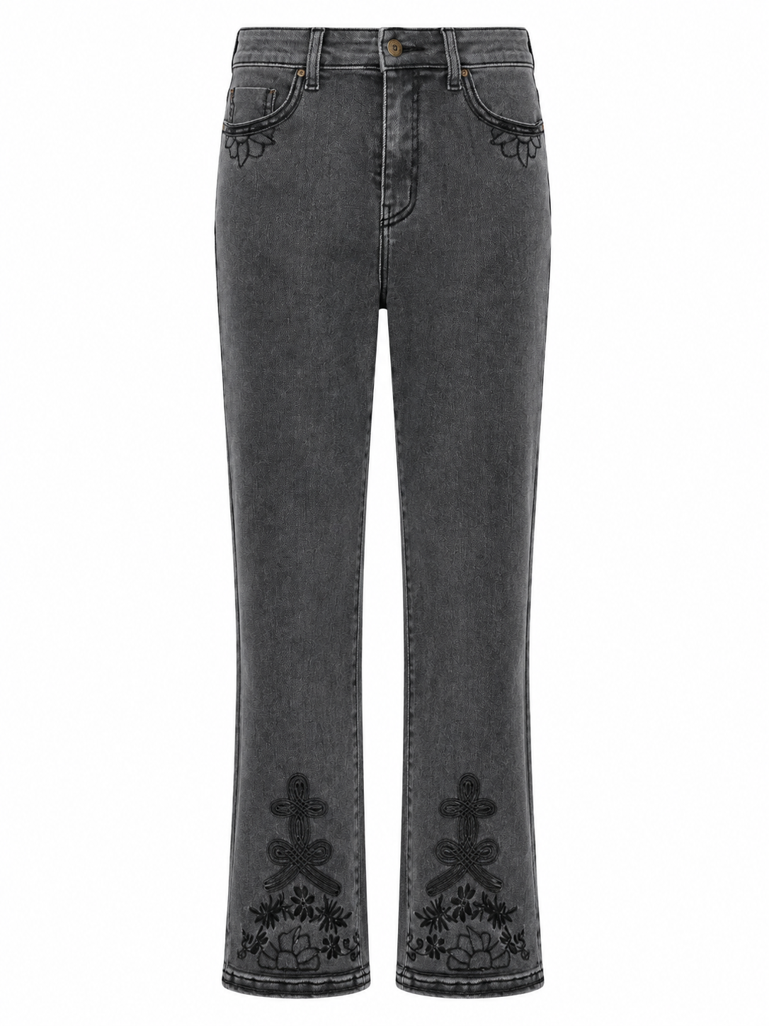 EMBROIDERED POCKETS AND HEMS JEANS - GREY - GREY