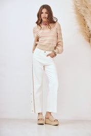 EMBROIDERED SIDE DENIM TROUSERS - WHITE