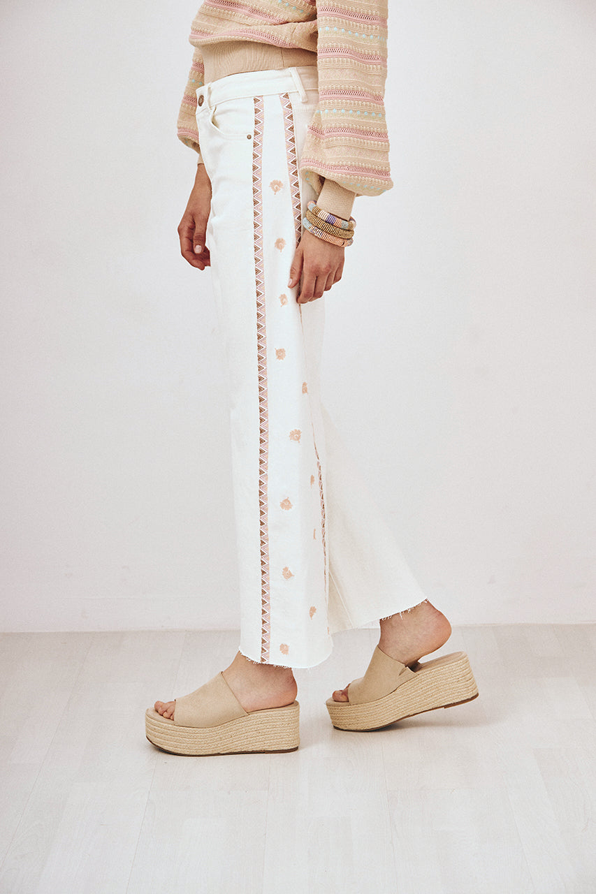 EMBROIDERED SIDE DENIM TROUSERS - WHITE