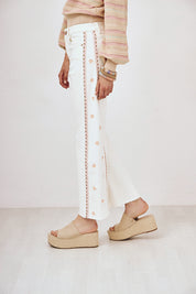 EMBROIDERED SIDE DENIM TROUSERS - WHITE