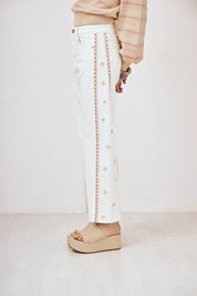 EMBROIDERED SIDE DENIM TROUSERS - WHITE